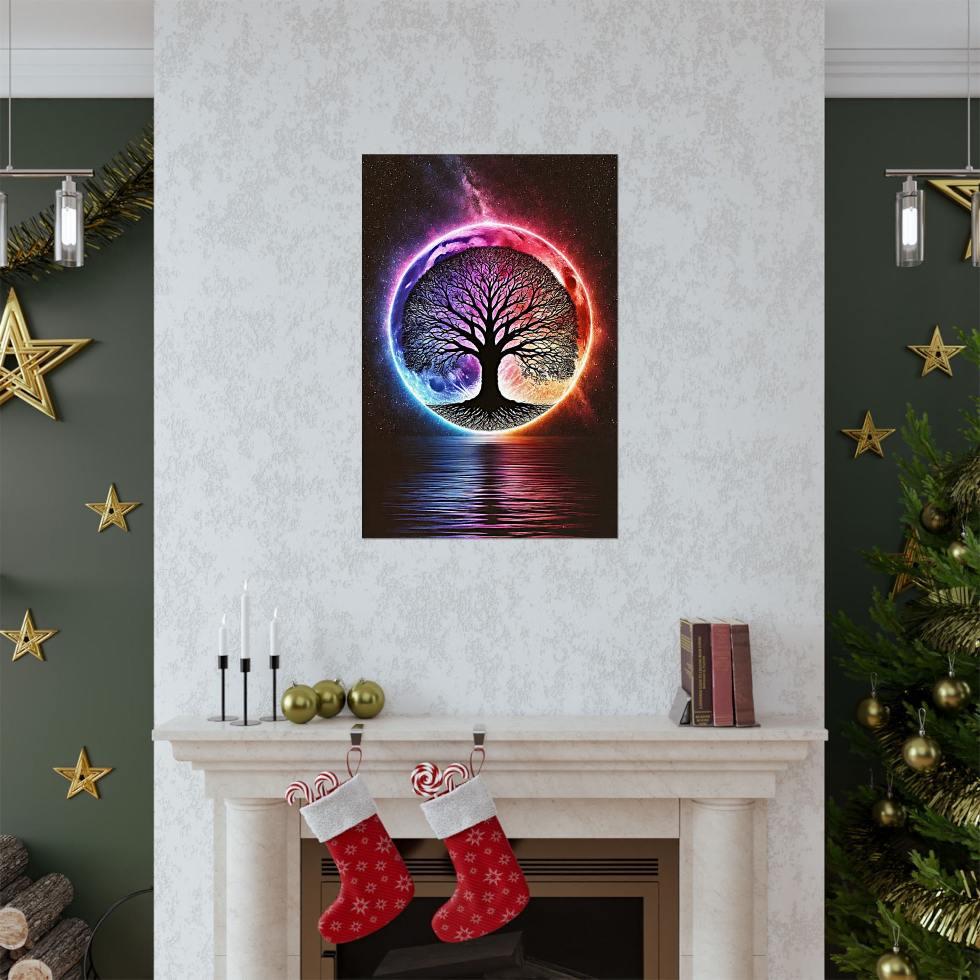 The Spiritual Sanctuary Poster placed above a fireplace, creating a warm and inviting sacred space in the home.