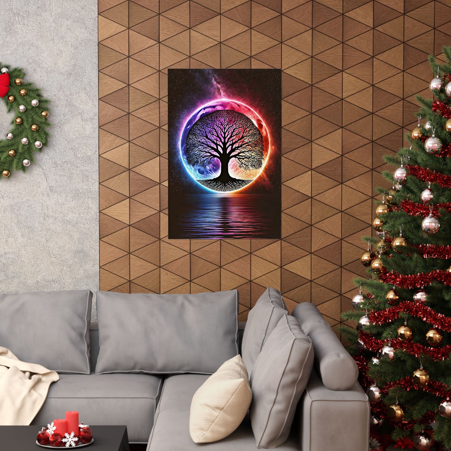 The Spiritual Sanctuary Poster elegantly displayed above a couch, adding tranquility to a modern living room.