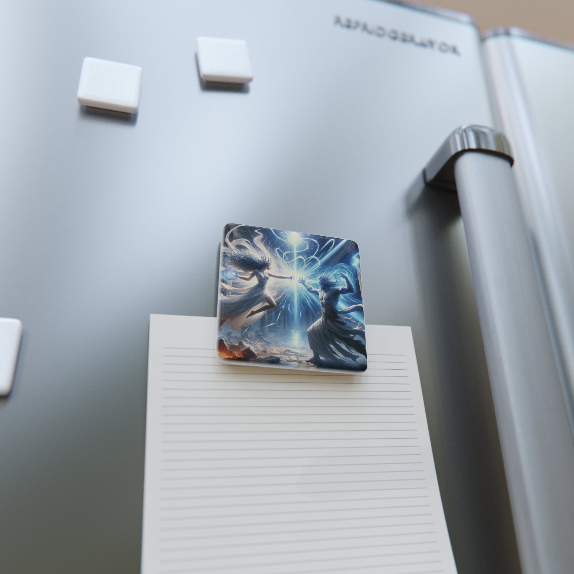 The Summoning Magnet securely holding a note on a refrigerator, blending functionality with artistic design.