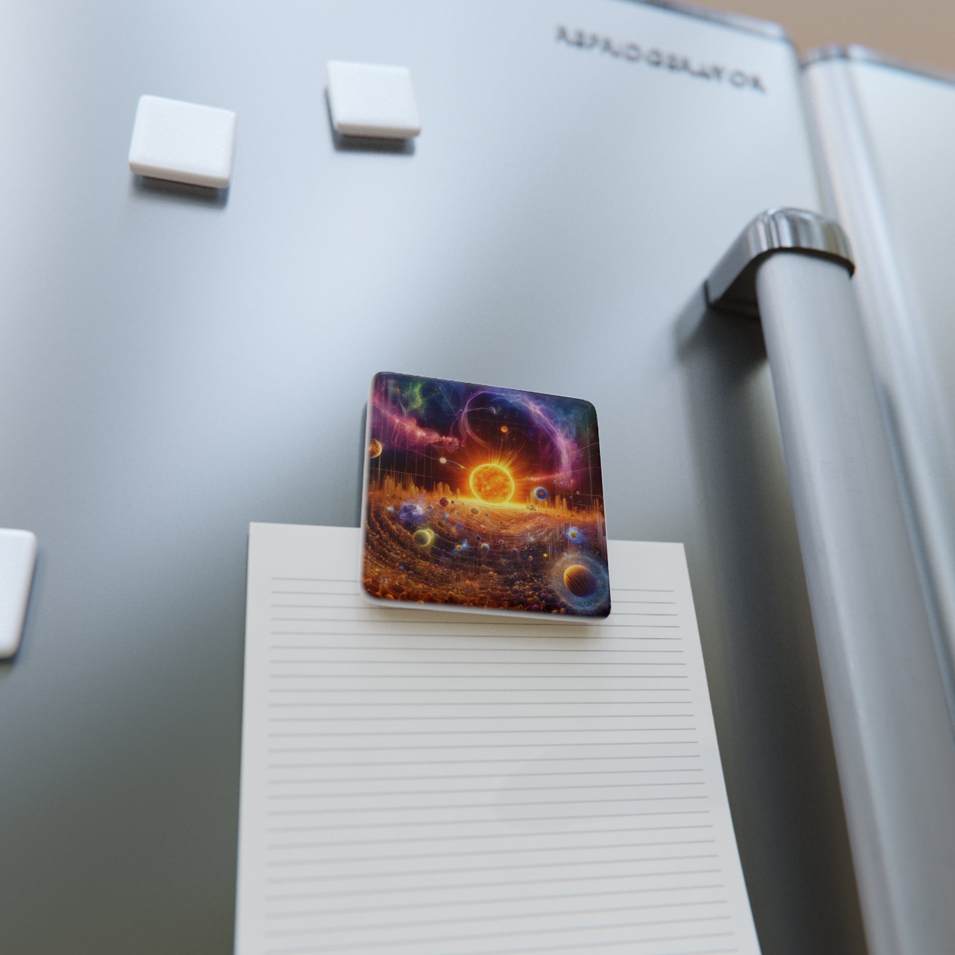 The Sun Rift Magnet securing a note on a refrigerator, combining artistic beauty with everyday functionality.