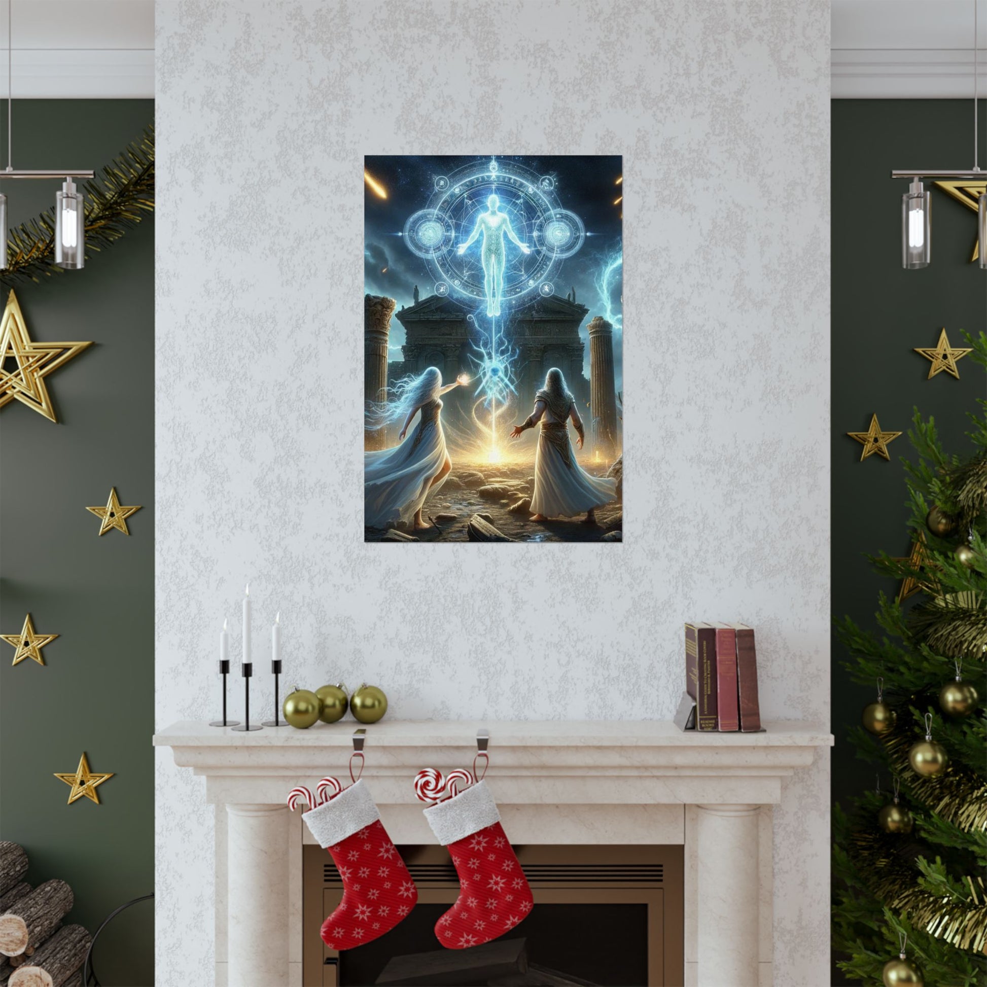 The Arrival Poster positioned above a fireplace, blending artistic storytelling with cozy, atmospheric decor.