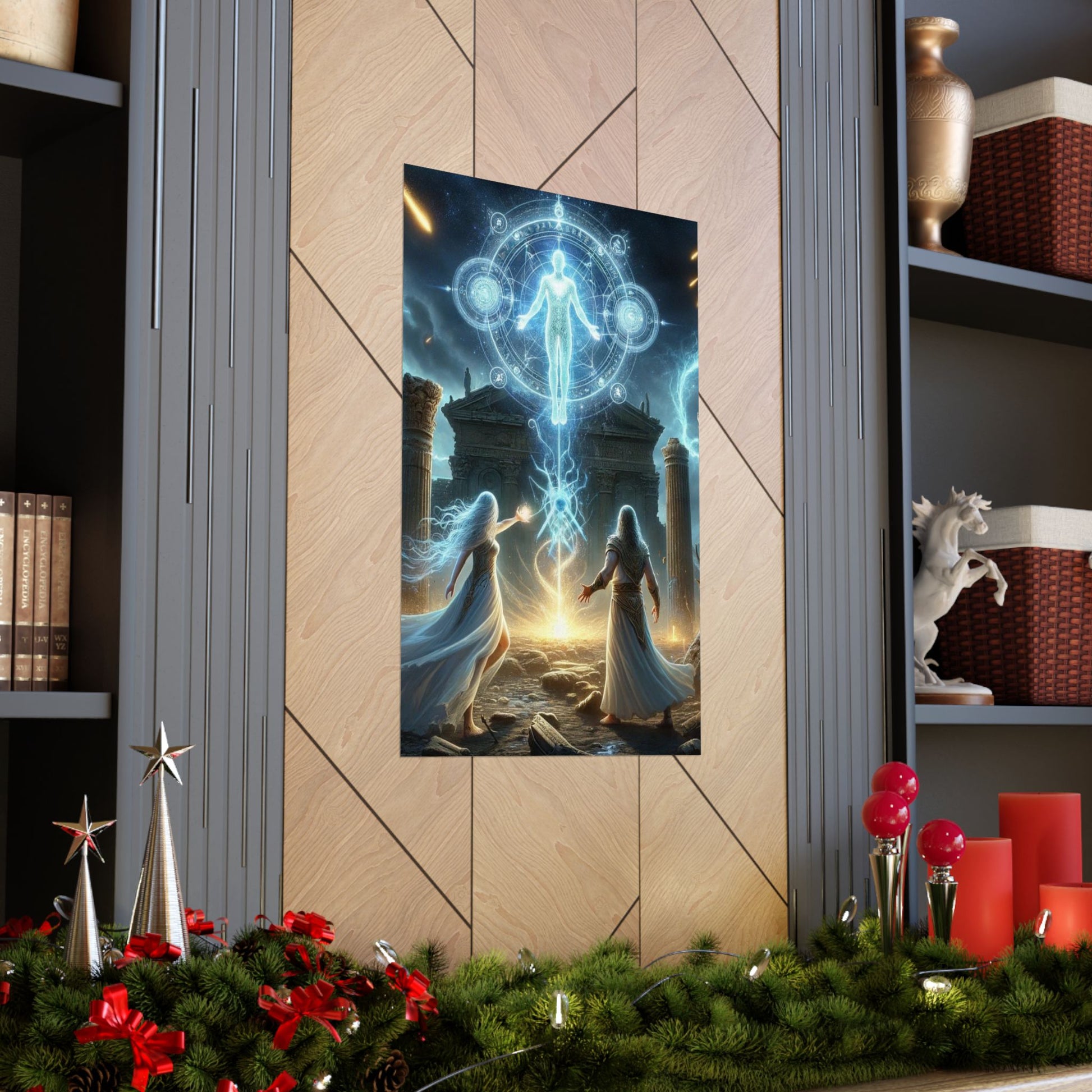 The Arrival Poster beautifully placed between two shelves, enhancing the space with fantasy-inspired home decor.