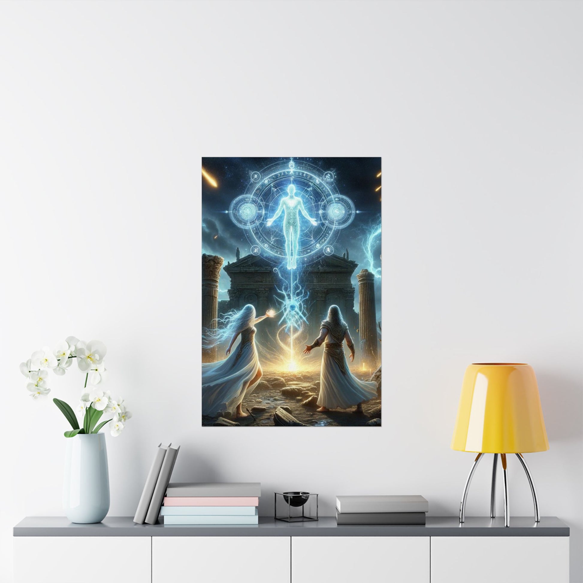 The Arrival Poster displayed above a desk, inspiring creativity and imagination in a stylish home office setup.