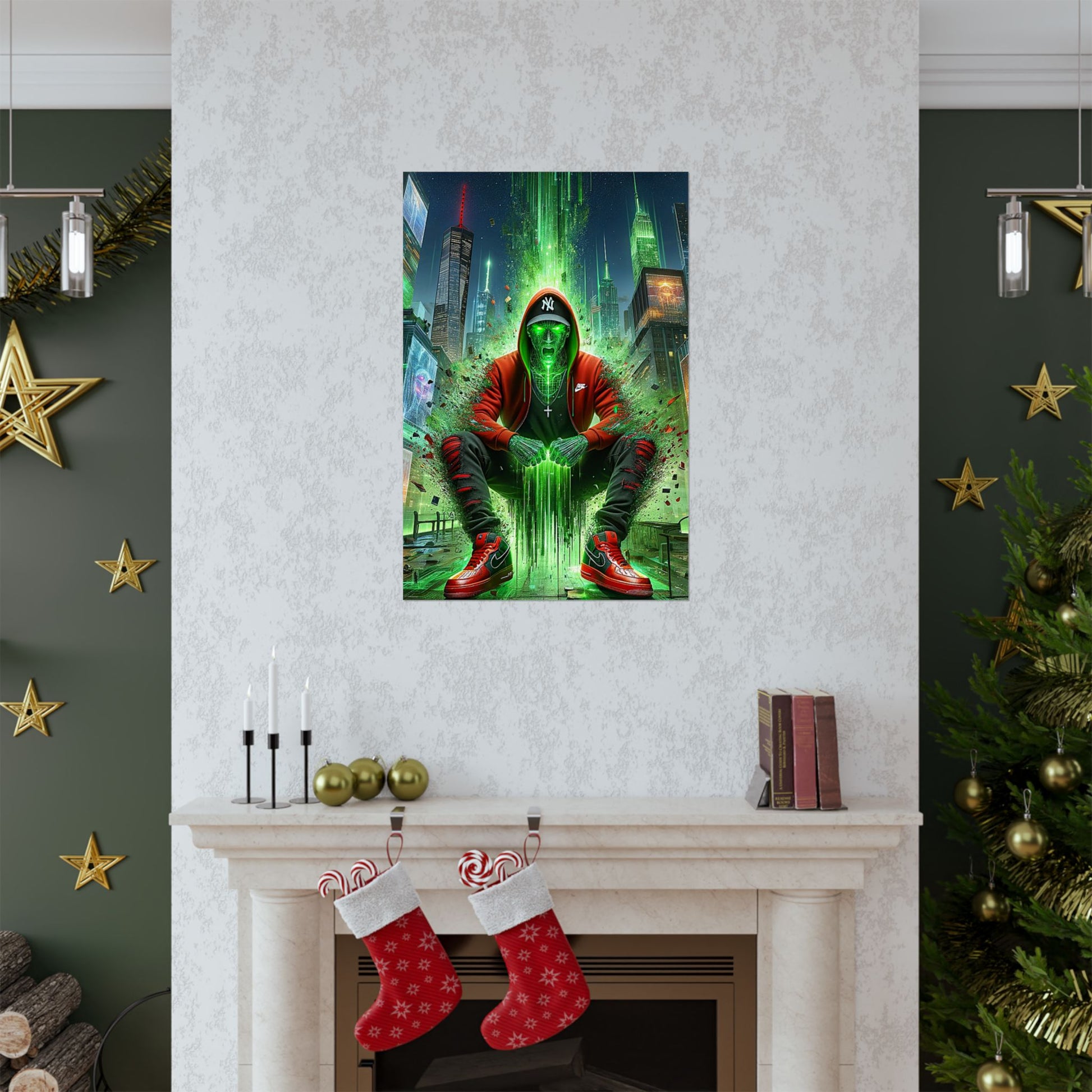 The Breakthrough Poster positioned above a fireplace, adding warmth and inspiration to the room's ambiance.