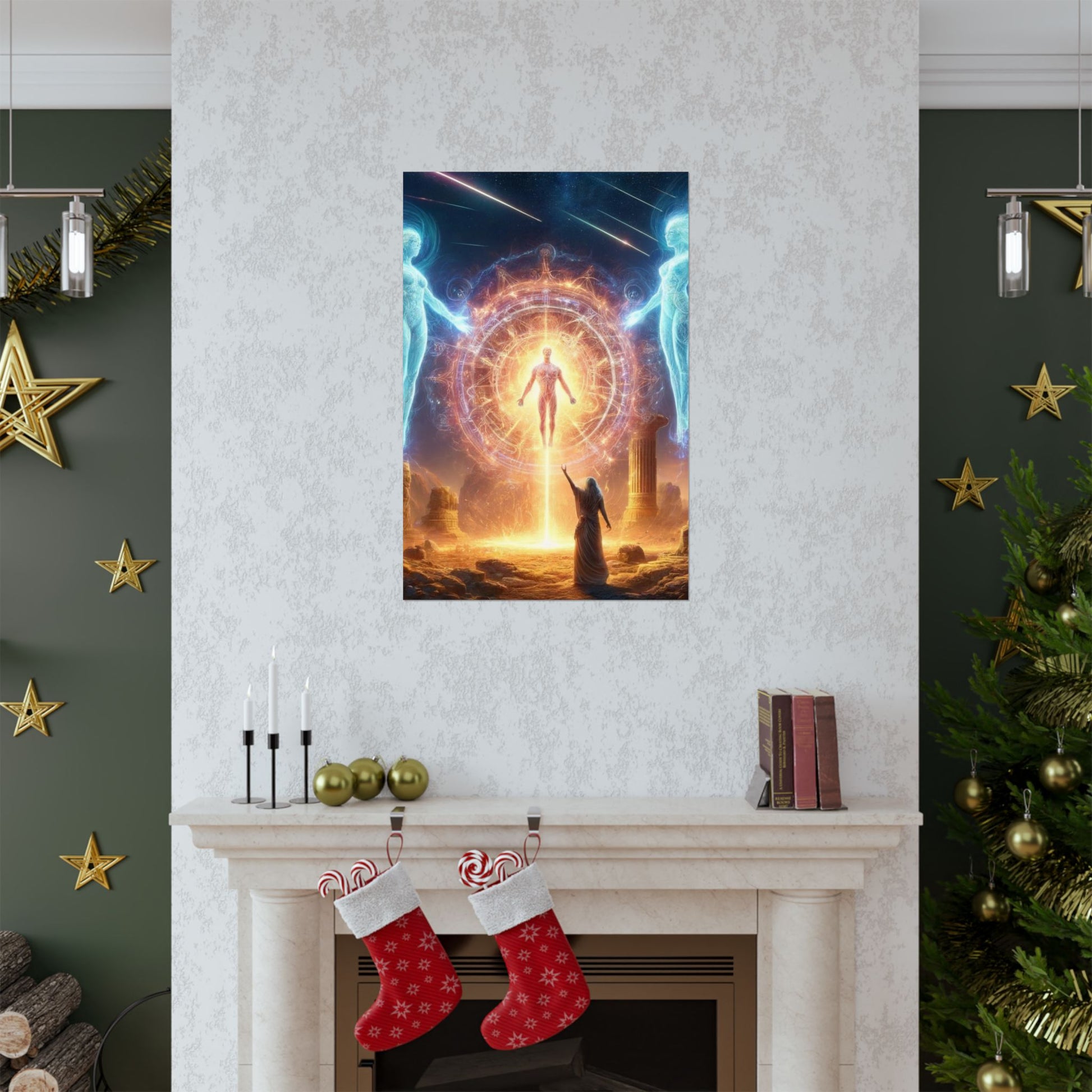 The Divine One Poster positioned above a fireplace, adding divine energy and artistic depth to the room.