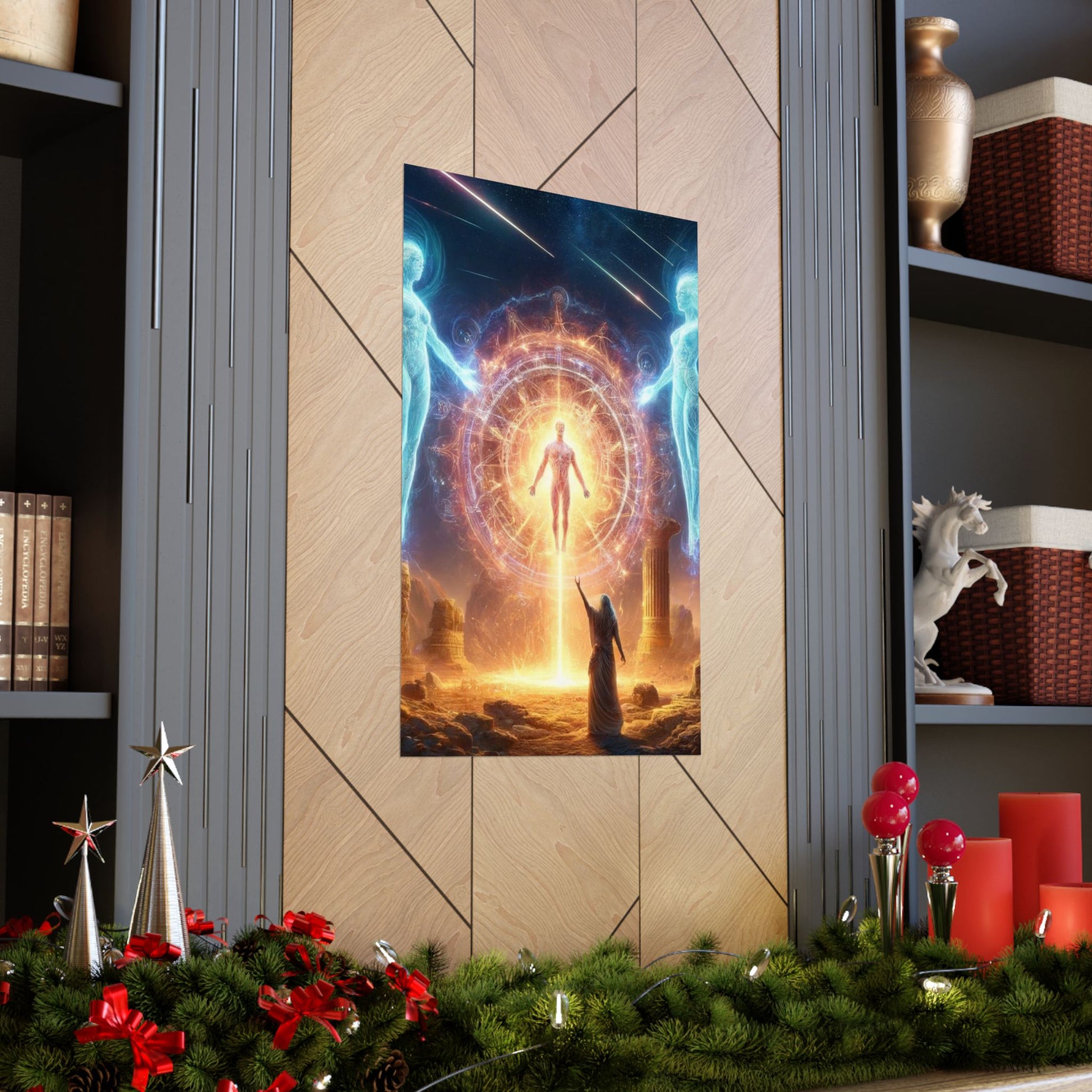 The Divine One Poster beautifully placed between two shelves, creating a balanced and harmonious modern home decor setup.