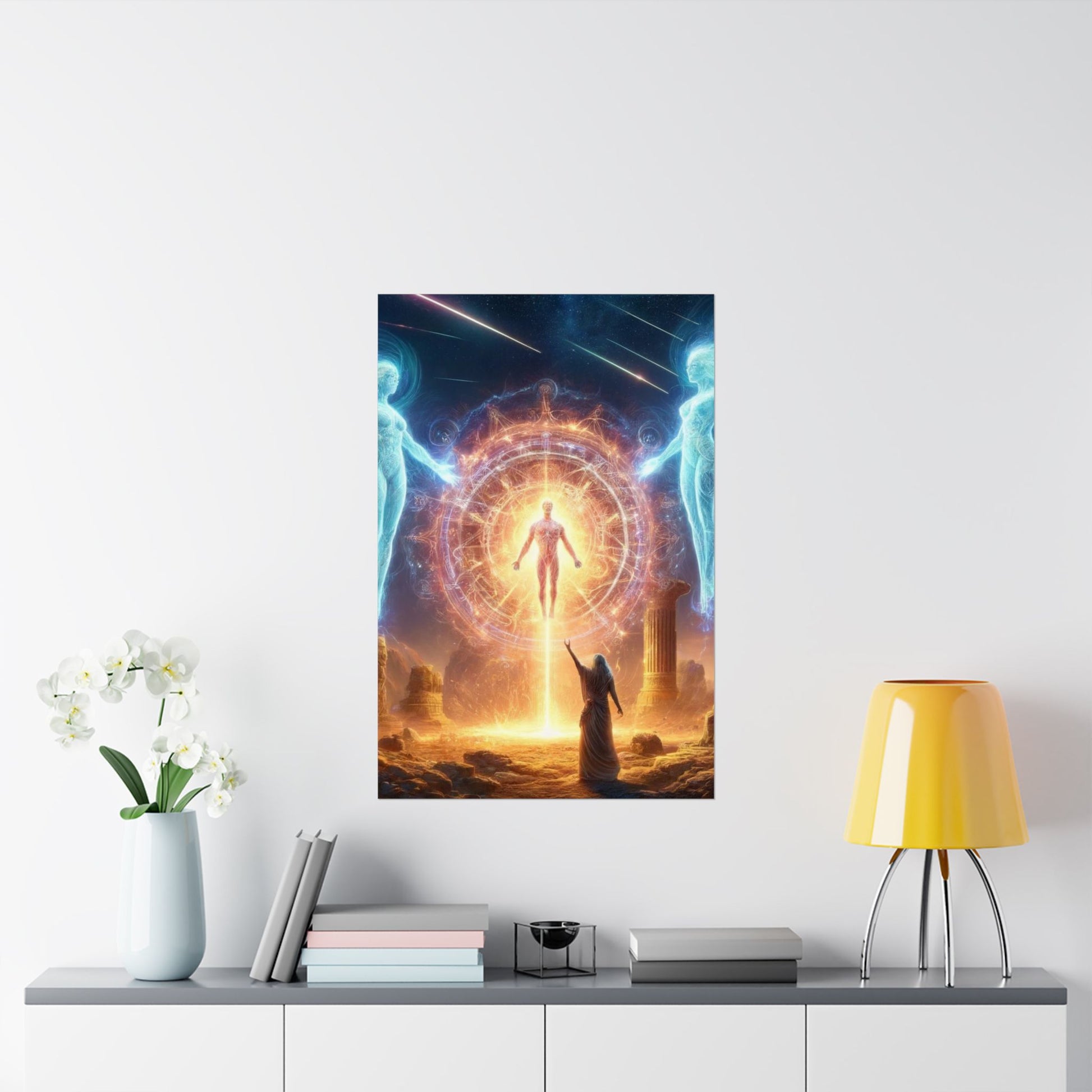 The Divine One Poster above a desk, inspiring creativity and inner peace in a mindful workspace.