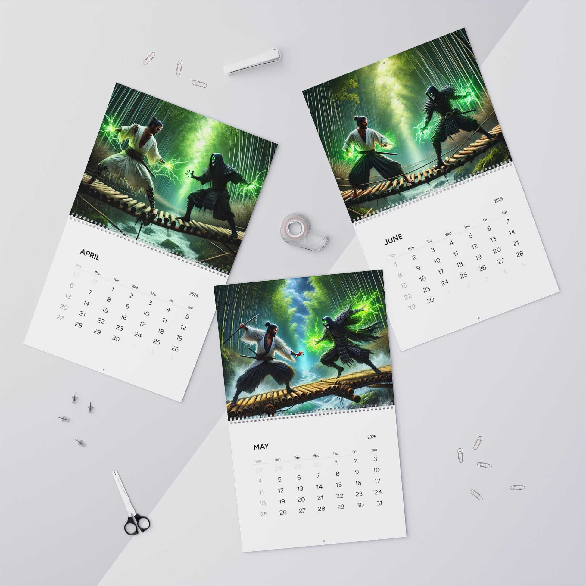 April, May, and June pages of the Warrior’s Journey Wall Calendar, highlighting artistic warrior scenes for each month.
