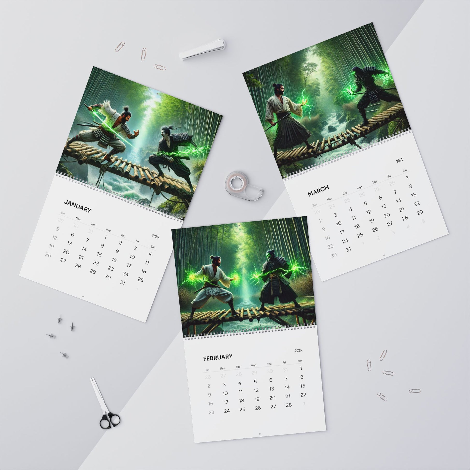 January, February, and March pages from the Warrior’s Journey Wall Calendar, featuring detailed warrior illustrations and calendar dates.