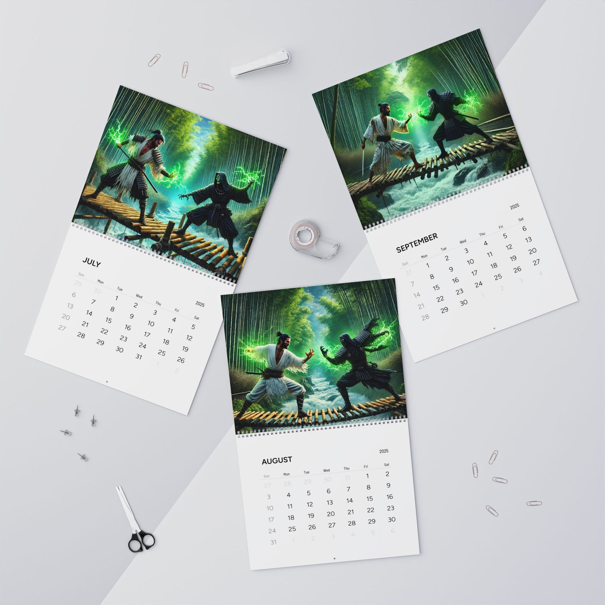July, August, and September pages from the Warrior’s Journey Wall Calendar, featuring striking warrior-themed artwork.