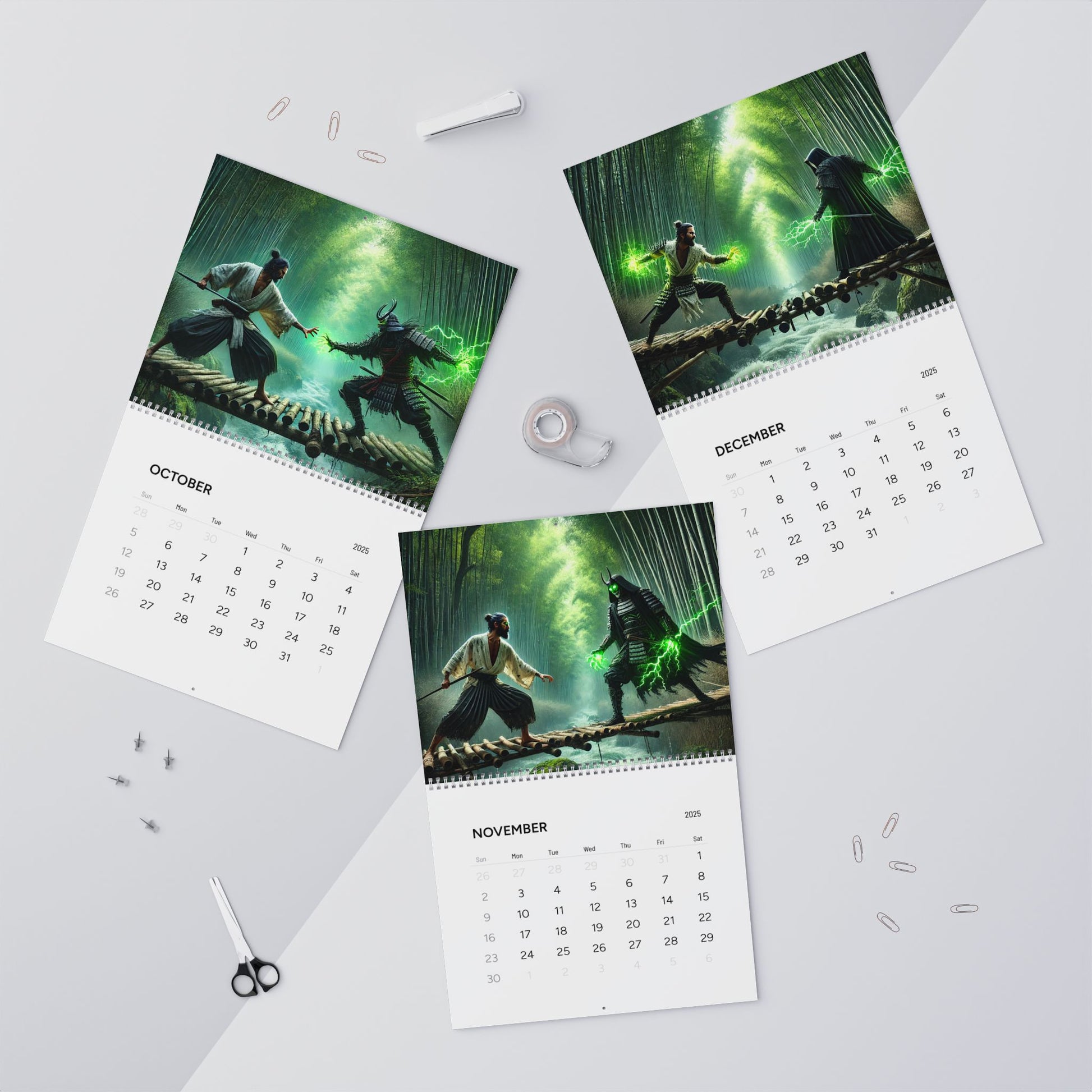 October, November, and December pages of the Warrior’s Journey Wall Calendar, displaying captivating warrior art for each month.